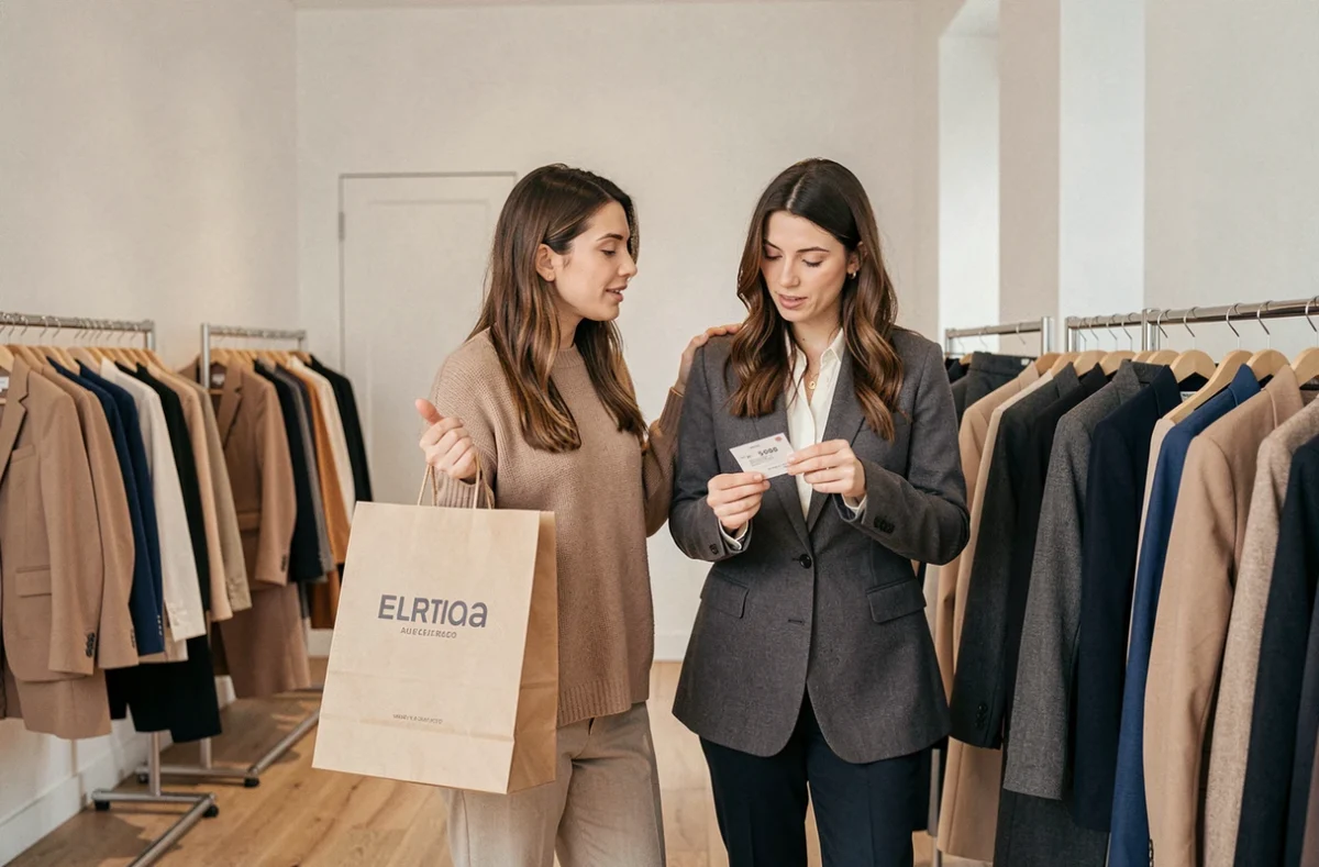 Deux femmes comparant des vêtements lors d'une vente privée mode, tenant des sacs shopping et examinant des étiquettes de prix