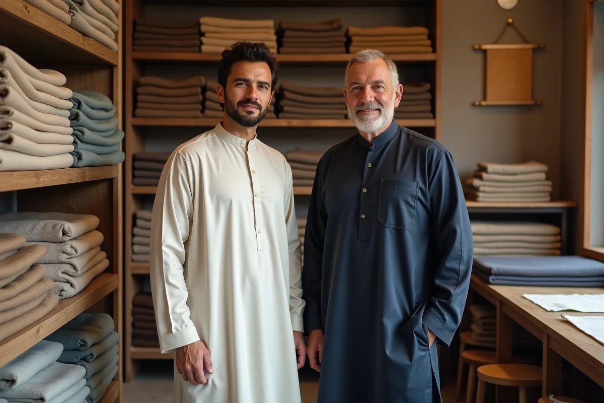 Deux hommes comparant un sarouel de prière et un sarouel de ville dans une boutique de tissu artisanale