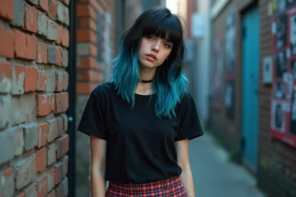 Jeune femme en style emo avec cheveux noirs asymétriques et mèches bleues électriques dans une ruelle urbaine