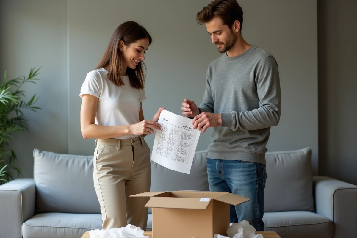 Couple comparant les tailles de vêtements IKKS reçus dans un colis à domicile