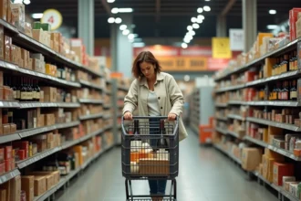 Femme faisant ses courses dans un magasin frontalier de Dancharia ou Ibardin, comparant les prix sur les produits locaux