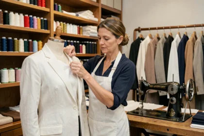 Couturière professionnelle épinglant une veste sur un mannequin de couture dans un atelier de retouches à Nice