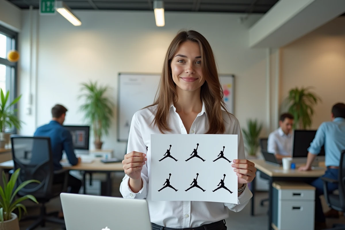 Jeune créatrice tenant des fichiers vectoriels de logos Air Jordan imprimés dans un bureau d'agence créative