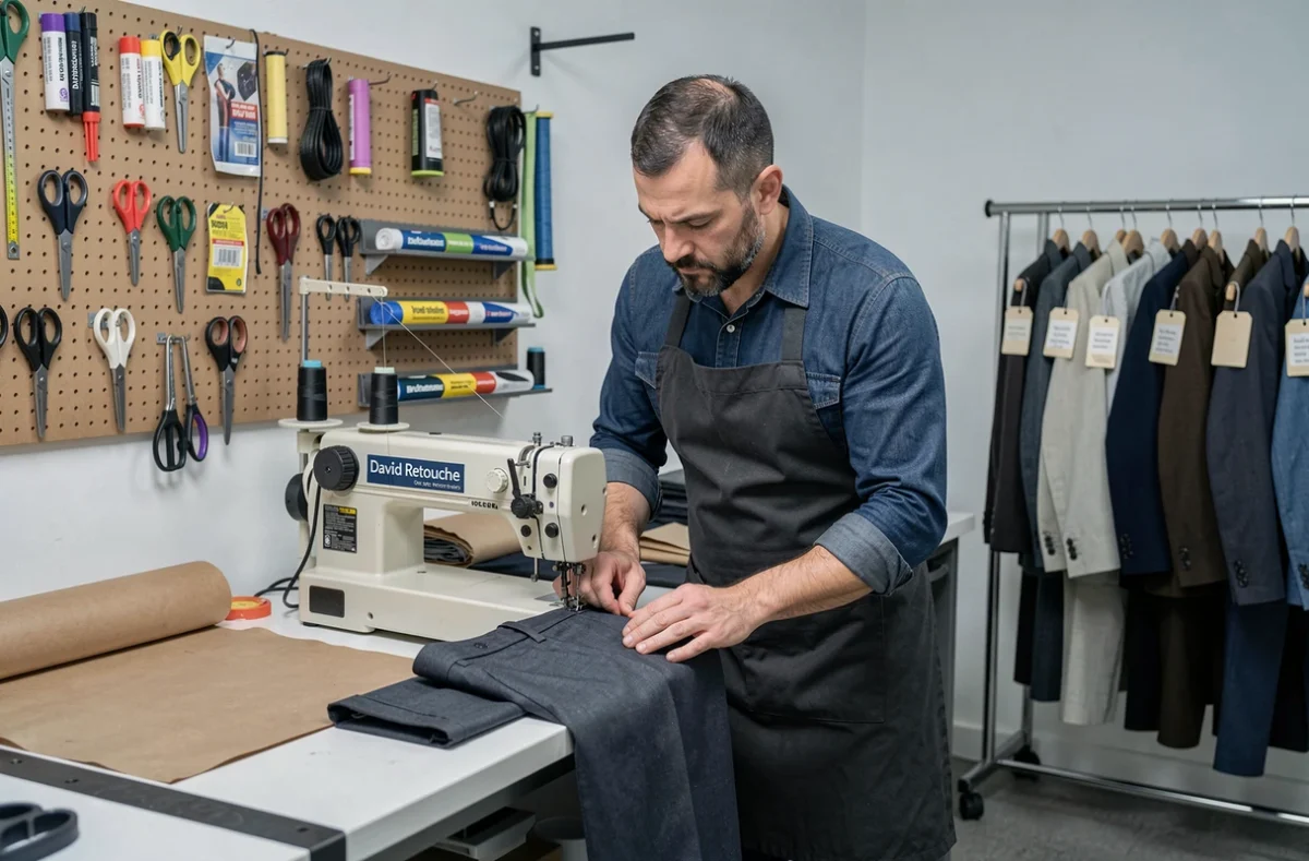 Tailleur chez David Retouche à Paris utilisant une surjeteuse professionnelle pour finir les coutures d'un pantalon dans un studio d'atelier bien organisé