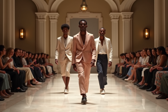 Groupe de mannequins défilant dans un hall élégant