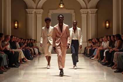 Groupe de mannequins défilant dans un hall élégant