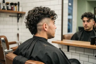 Jeune homme aux cheveux bouclés recevant un dégradé espagnol en cours de réalisation dans un salon de coiffure moderne