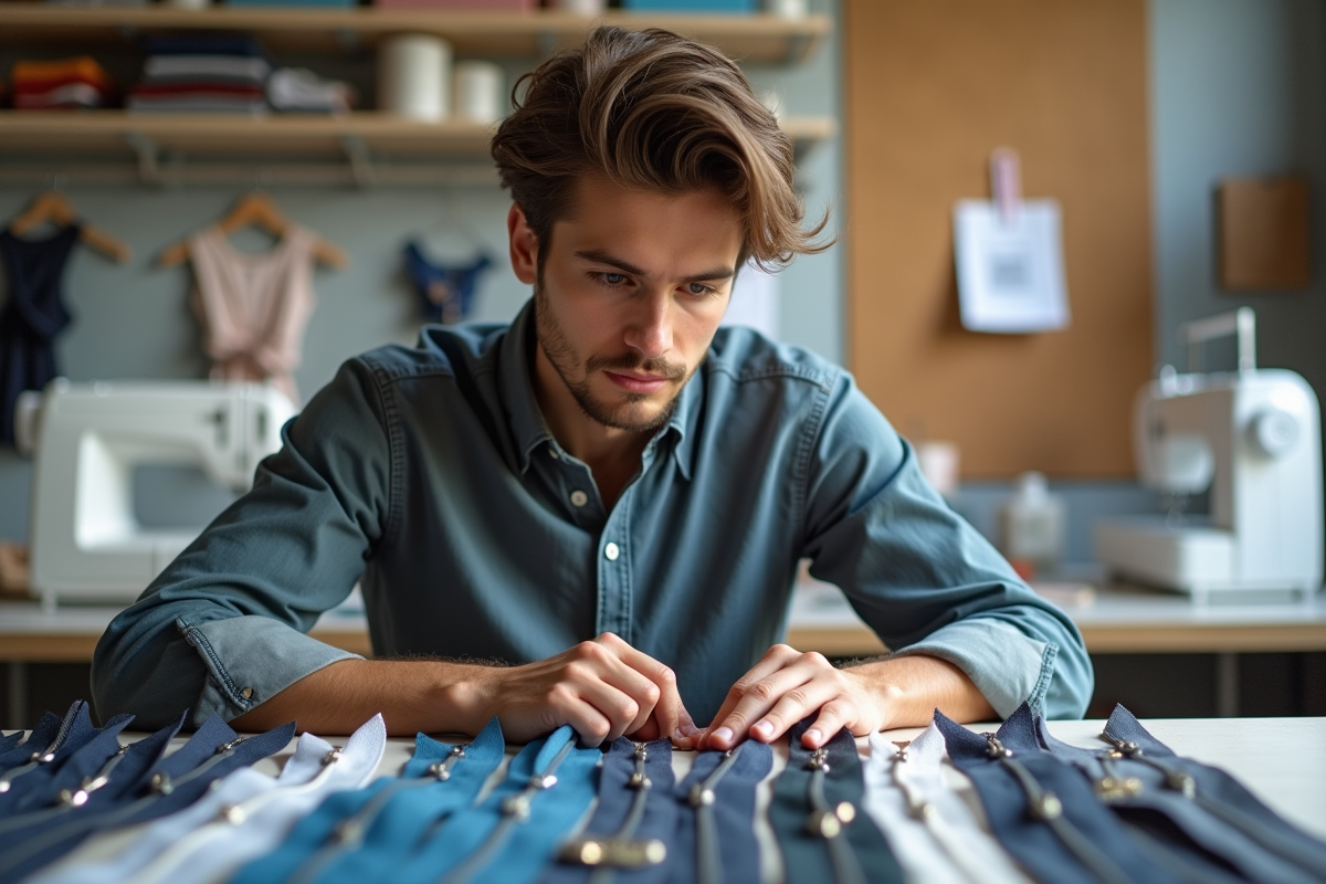 Jeune designer examine une rangée de zippers dans un studio créatif