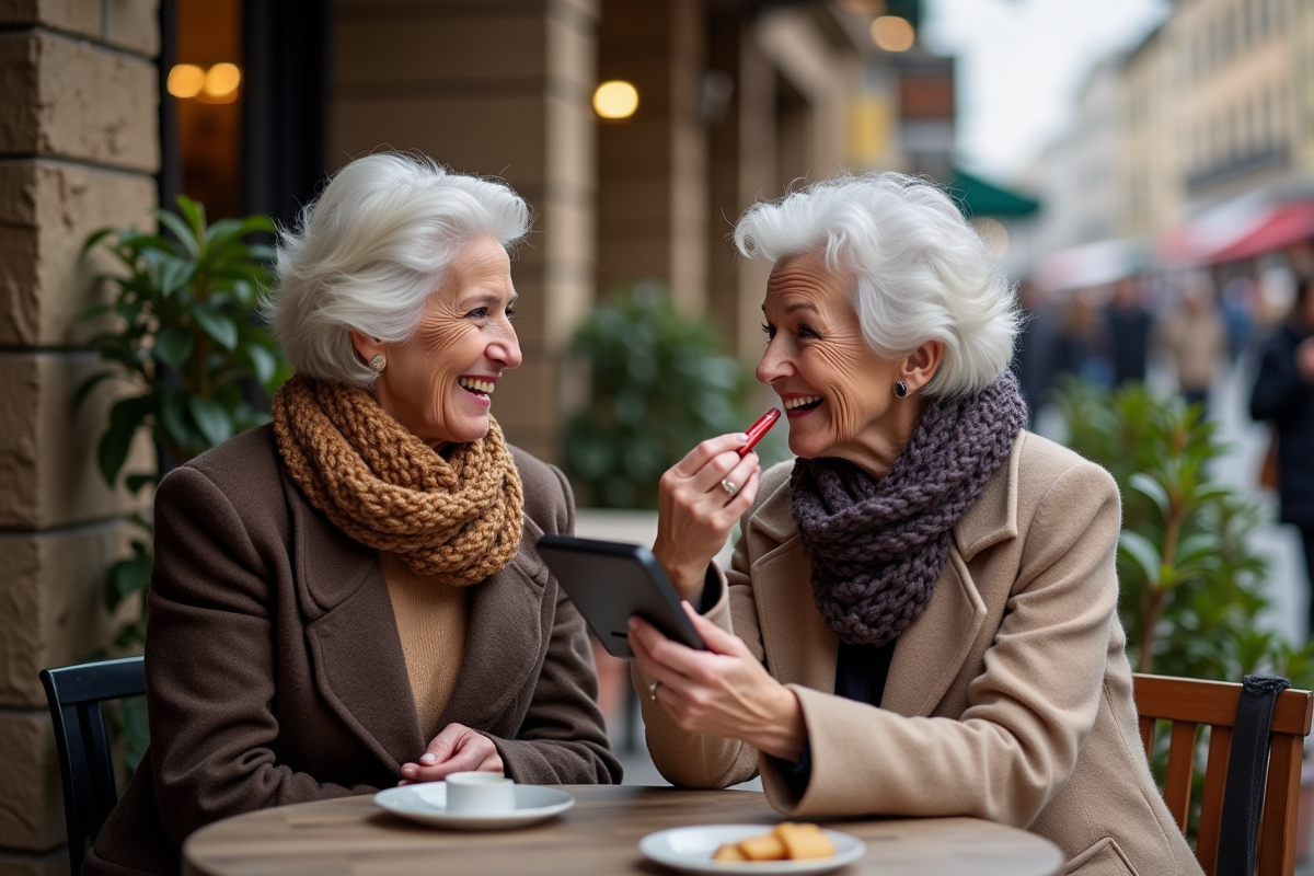 Deux femmes âgées riant au café en automne