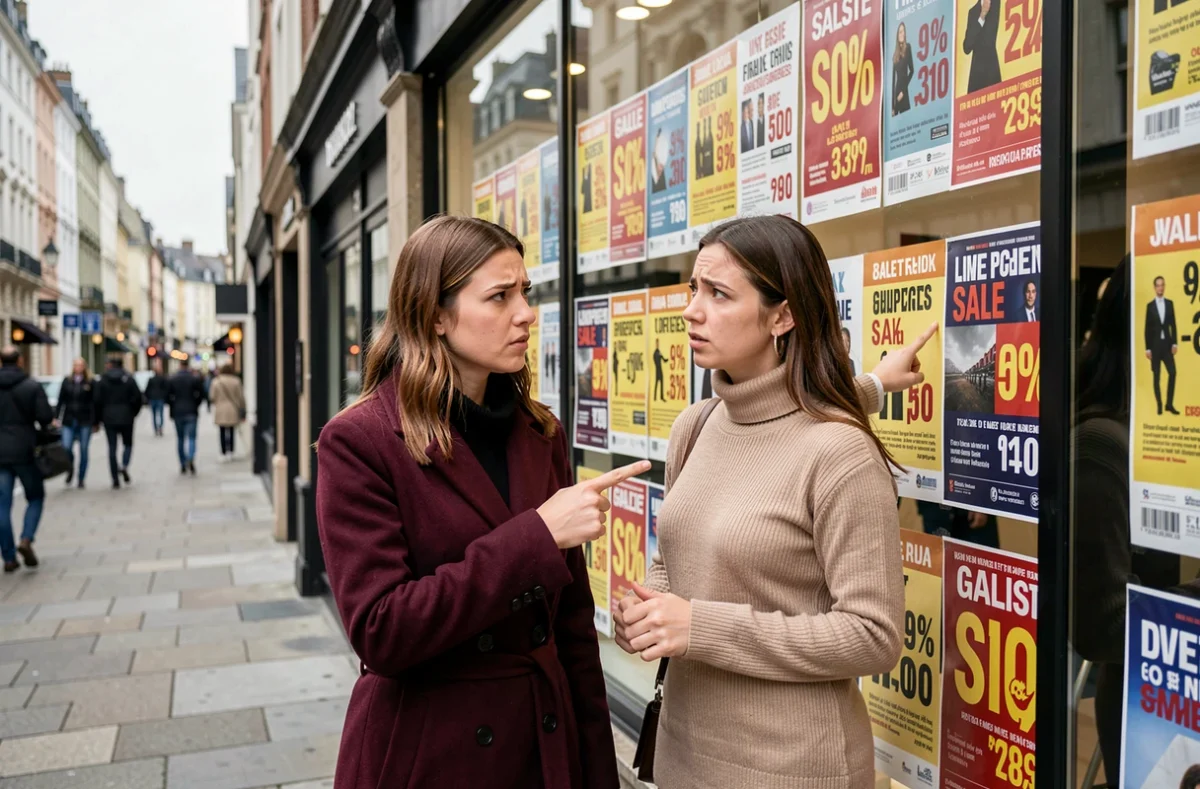 Deux femmes devant une vitrine de soldes en ville, discutant des affiches de promotions potentiellement trompeuses lors de la deuxième démarque