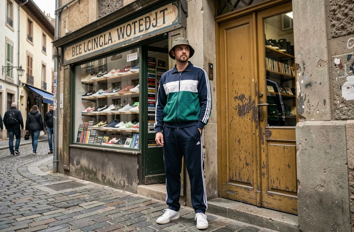 Homme en survêtement color block années 90 devant une devanture de boutique vintage dans les rues de Toulouse