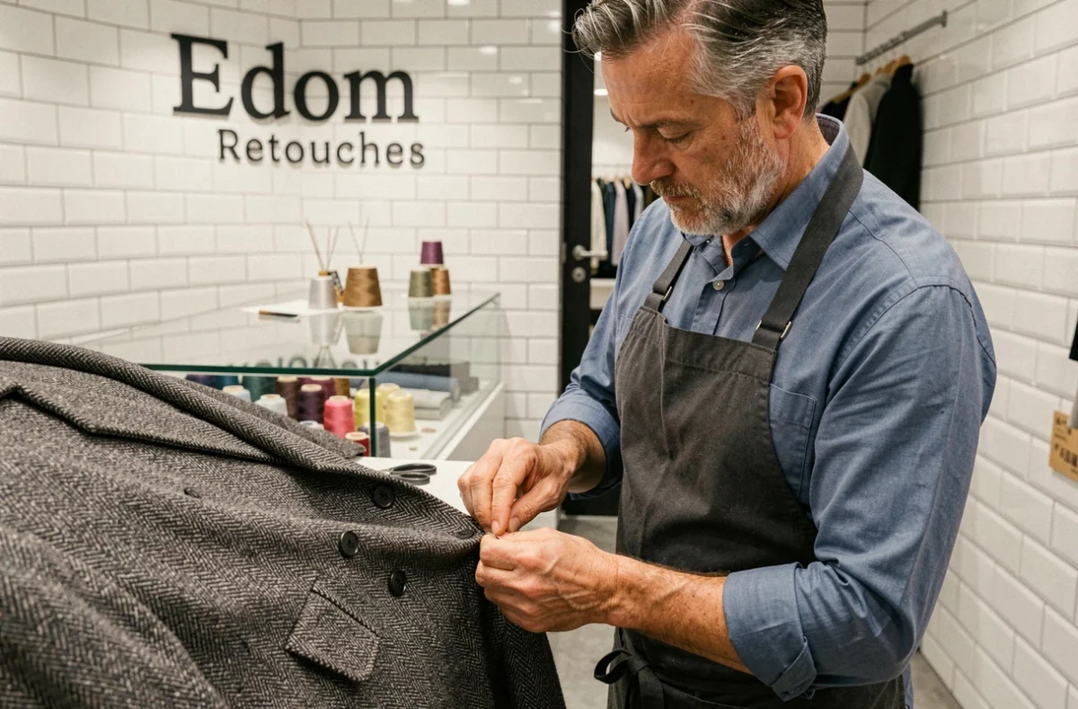 Tailleur chez Edom Retouches à Paris cousant à la main l'ourlet d'un manteau en laine dans un atelier moderne aux murs carrelés blancs