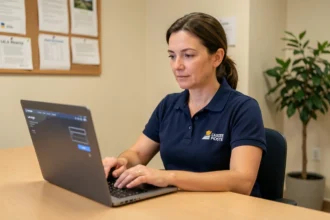 Employée La Poste en uniforme connectée à son espace personnel Mon habillement sur un ordinateur portable