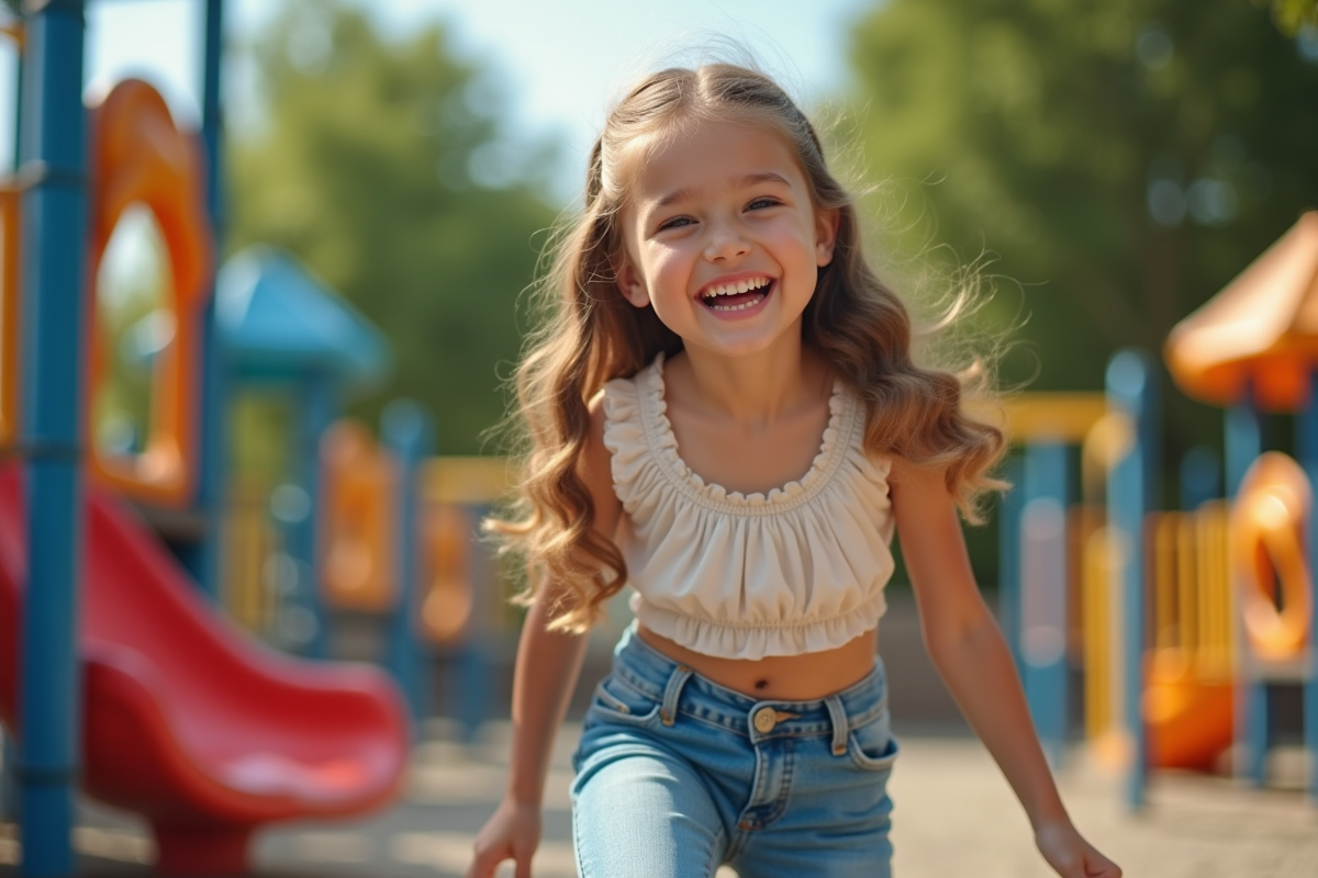 Fille de 10 ans joue dans une aire de jeux colorée