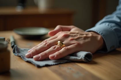 Homme entretenant sa chevalière en or avec un chiffon microfibre sur une table en bois