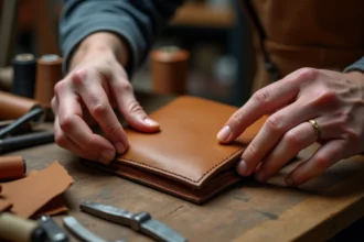 Mains d'artisan appliquant un conditionneur sur un cuir gras neuf de couleur caramel posé sur un établi en bois