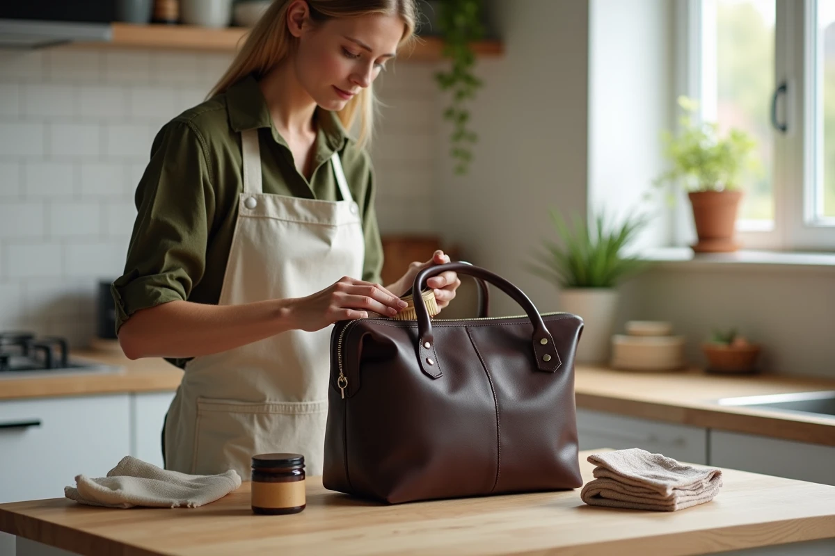 Femme entretenant un sac en cuir gras neuf avec une brosse en crin et du baume sur une table en bois clair