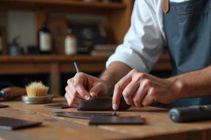 Homme appliquant de la crème nourrissante sur un porte-cartes en cuir marron pour l'entretenir