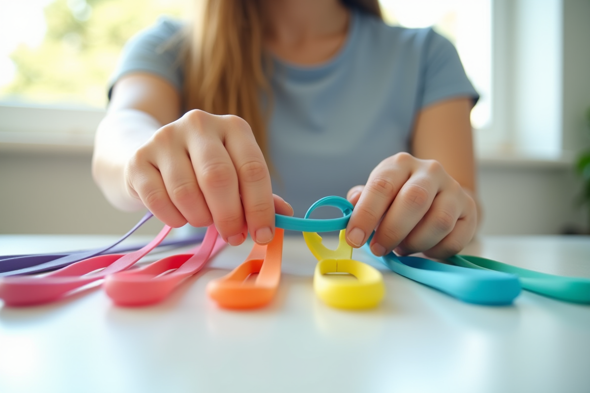 Personne étirant des elastiques colorés sur une table blanche