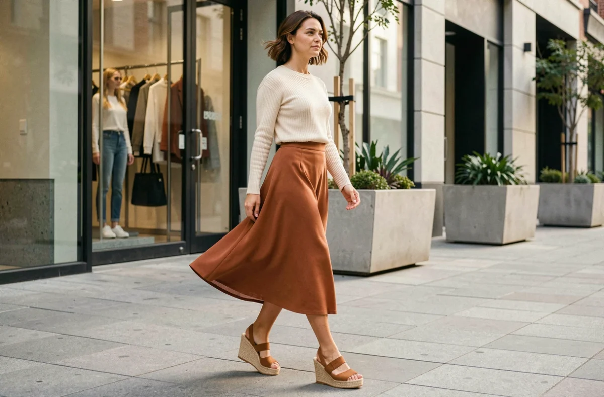 Femme en espadrilles compensées en raphia cognac avec jupe midi terracotta marchant dans une rue commerçante moderne