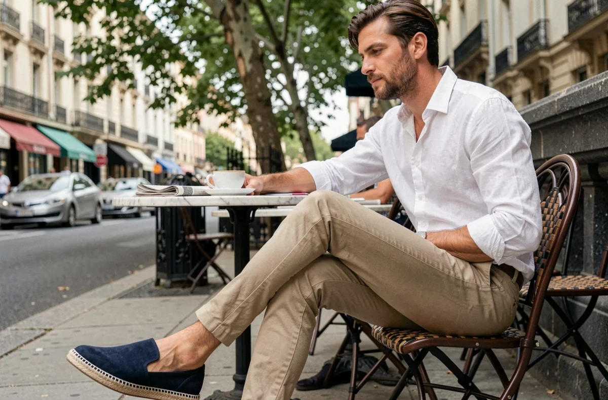 Homme en espadrilles marines et tenue décontractée chic attablé dans un café de ville