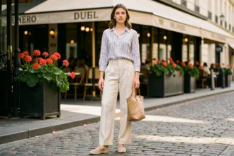 Femme portant des espadrilles beiges avec un pantalon en lin et un haut rayé dans une rue pavée parisienne