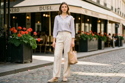 Femme portant des espadrilles beiges avec un pantalon en lin et un haut rayé dans une rue pavée parisienne