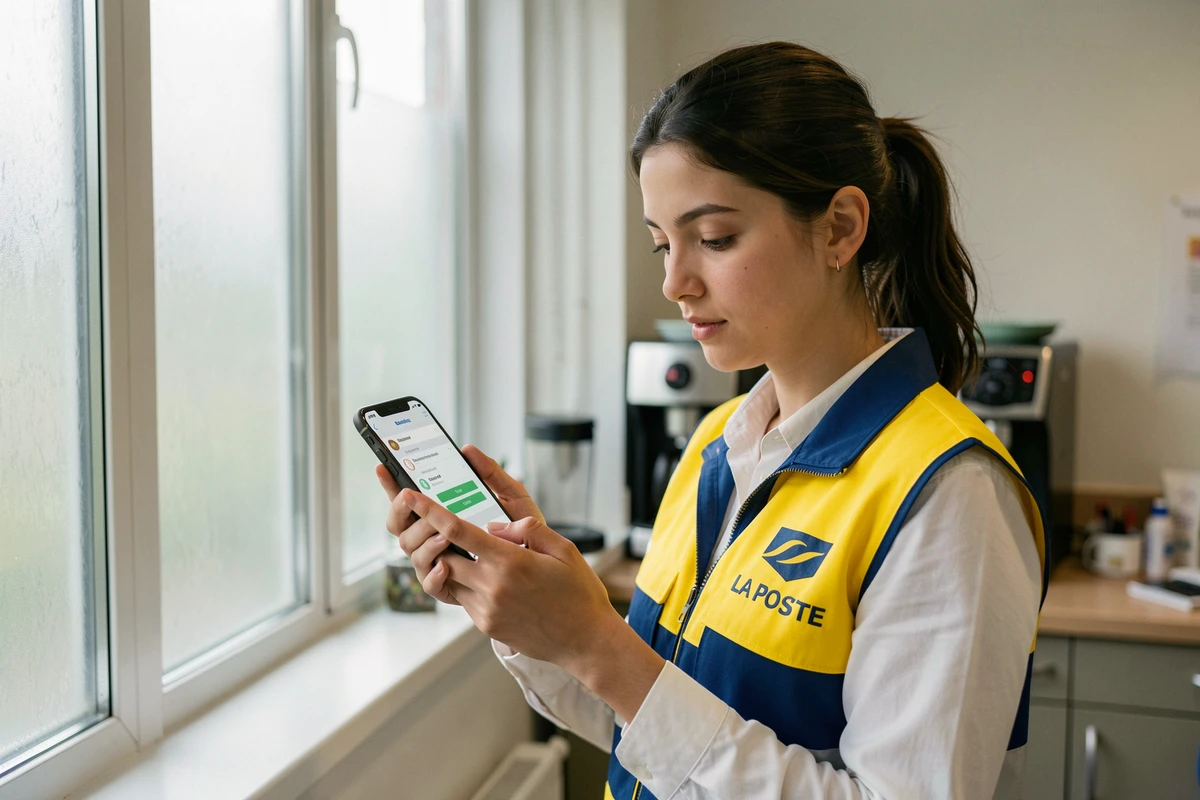 Factrice La Poste consultant les étapes de première connexion Mon habillement sur son smartphone