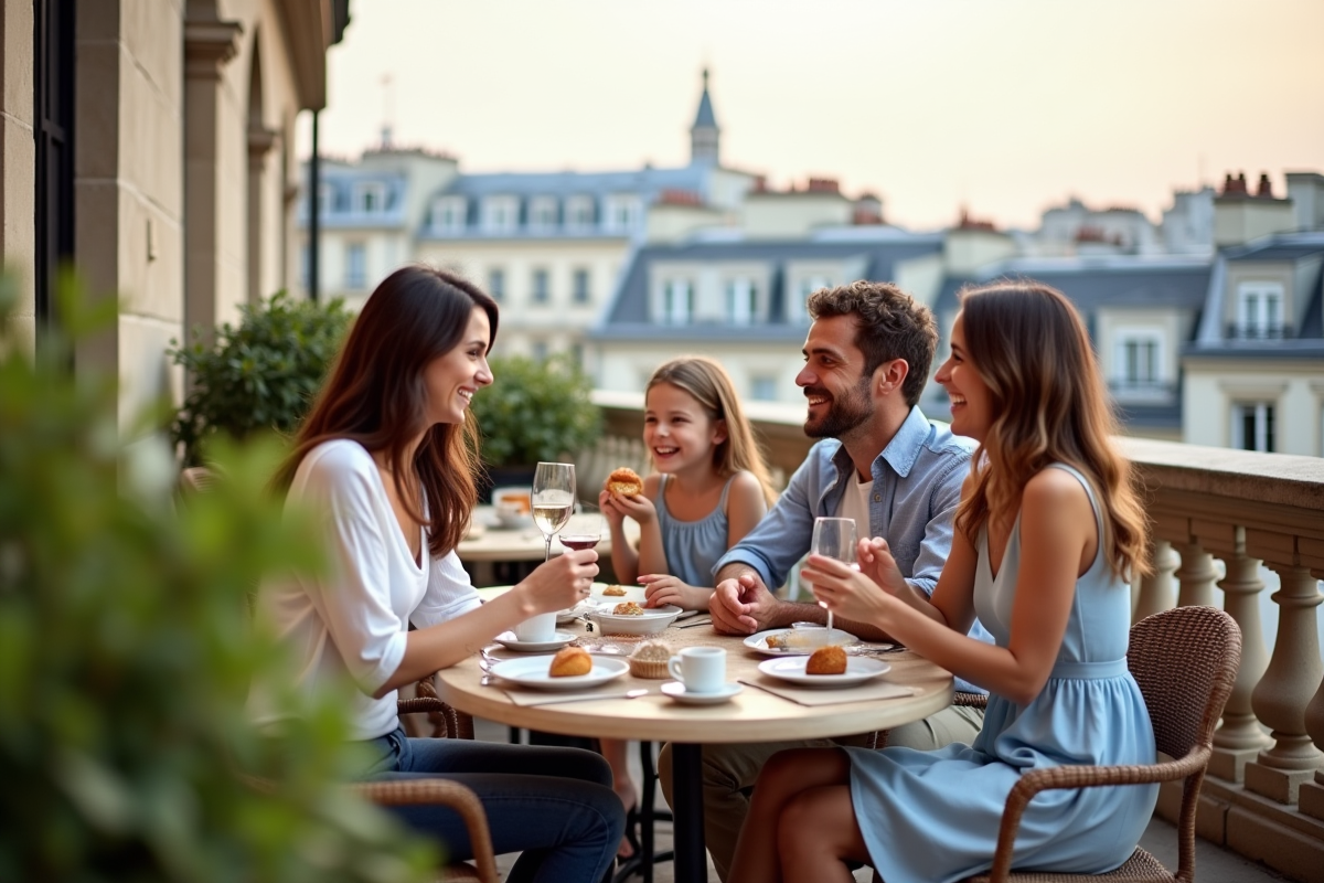 Famille souriante partageant des pâtisseries sur un rooftop parisien