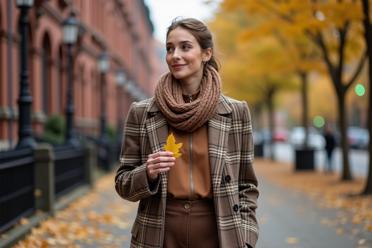Femme élégante en manteau à carreaux automnal