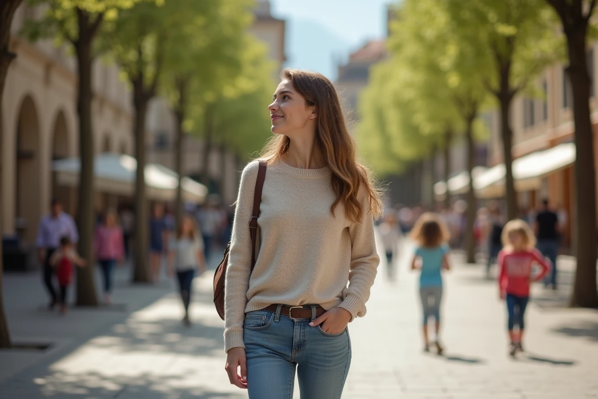 Femme en balade dans une place de ville tranquille