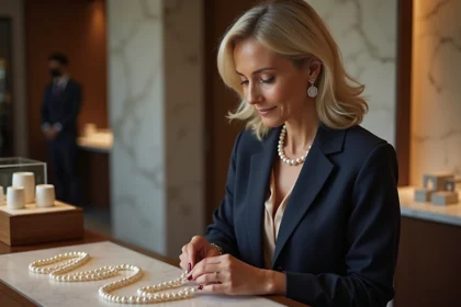 Femme raffinée essayant des colliers de perles en bijouterie