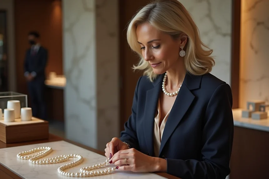 Femme raffinée essayant des colliers de perles en bijouterie