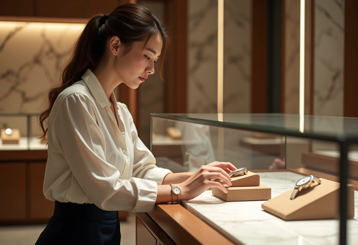 Femme montrant une montre précieuse en boutique