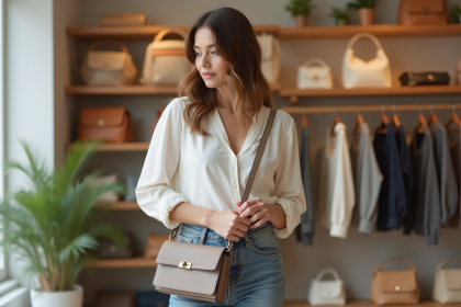 Femme ajustant un sac à main dans une boutique chic