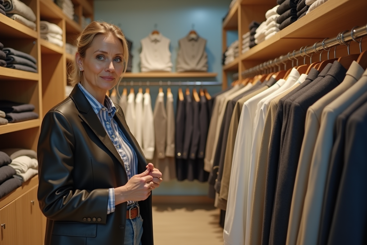 Femme confiante regardant des vêtements dans une boutique élégante