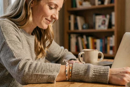 Jeune femme souriante portant un bracelet connecté pour couple à distance dans son appartement cosy