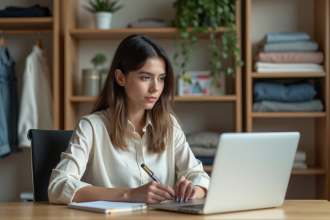 Jeune femme compare sites shopping sur son ordinateur