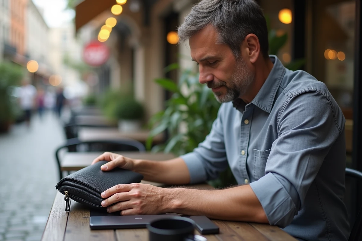 Homme au café touchant un clutch en cuir noir