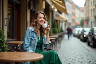 Femme en robe verte décontractée sirotant un café en terrasse