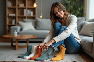 Femme souriante examinant des chaussettes colorées à la maison