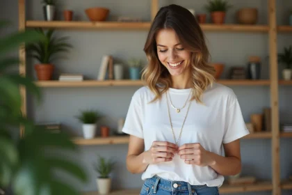 Femme élégante portant un collier en or dans un salon moderne