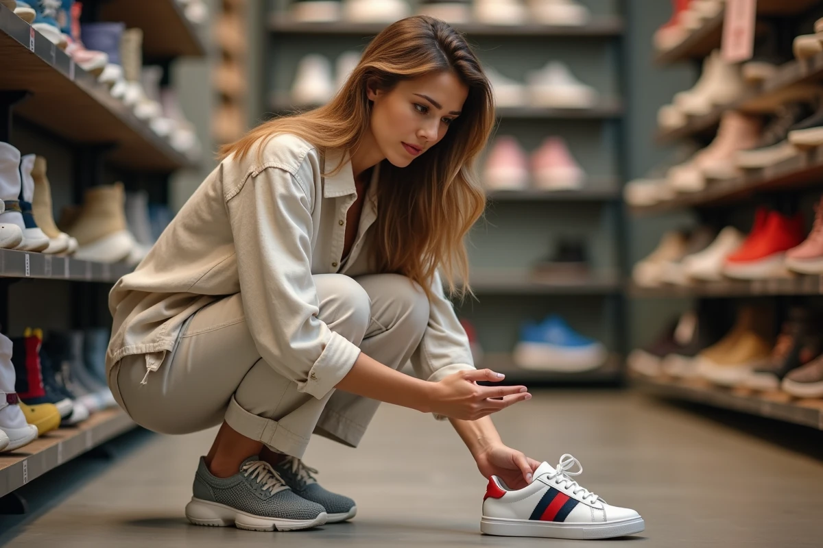 Femme dans la trentaine examinant attentivement une paire de baskets françaises colorées dans un magasin de chaussures, geste authentique de choix et de comparaison
