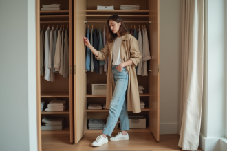 Femme choisissant une tenue dans son vestiaire capsule