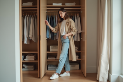 Femme choisissant une tenue dans son vestiaire capsule