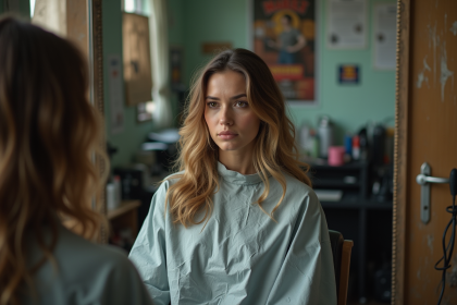 Femme regardant son coupe de cheveux inesthetique dans le miroir