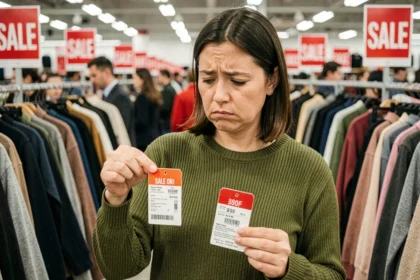 Femme comparant des étiquettes de prix dans un magasin de vêtements pendant les soldes pour détecter une fausse promotion