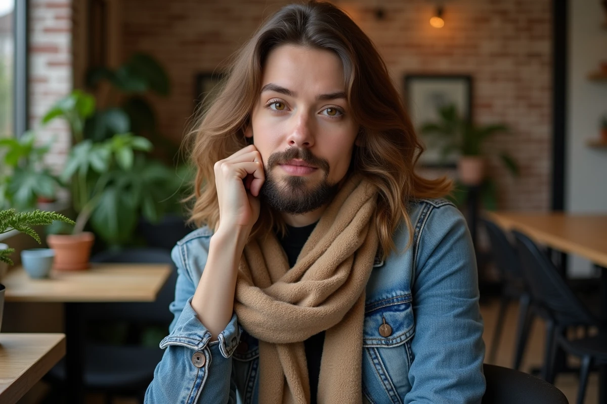 Femme au cafe avec plantes et ambiance chaleureuse