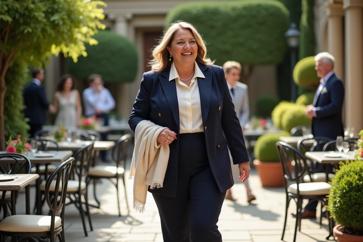 Femme en pantalon navy dans un jardin lors d