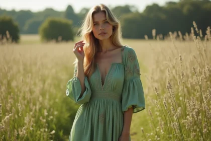 Femme en robe verte bohème dans un champ de fleurs